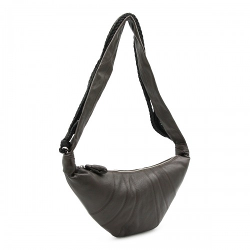 BLACK LEATHER BRAID MEDIUM CROISSANT SHOULDER BAG