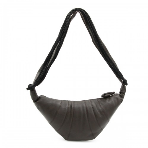 BLACK LEATHER BRAID MEDIUM CROISSANT SHOULDER BAG