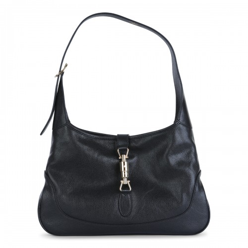 BLACK LEATHER JACKIE HOBO MEDIUM SHOULDER BAG