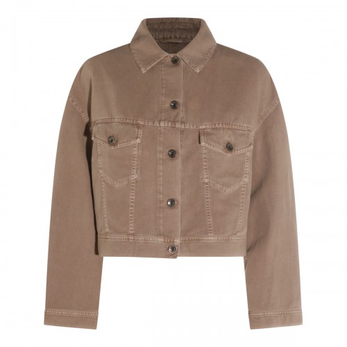 BROWN COTTON LINEN BLEND DENIM JACKET