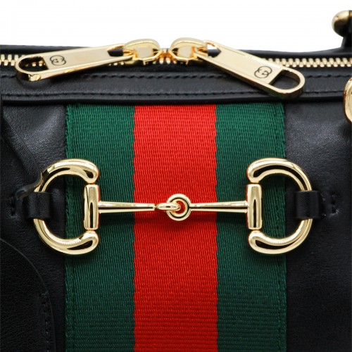 BLACK LEATHER HORSBIT MEDIUM TOP HANDLE BAG