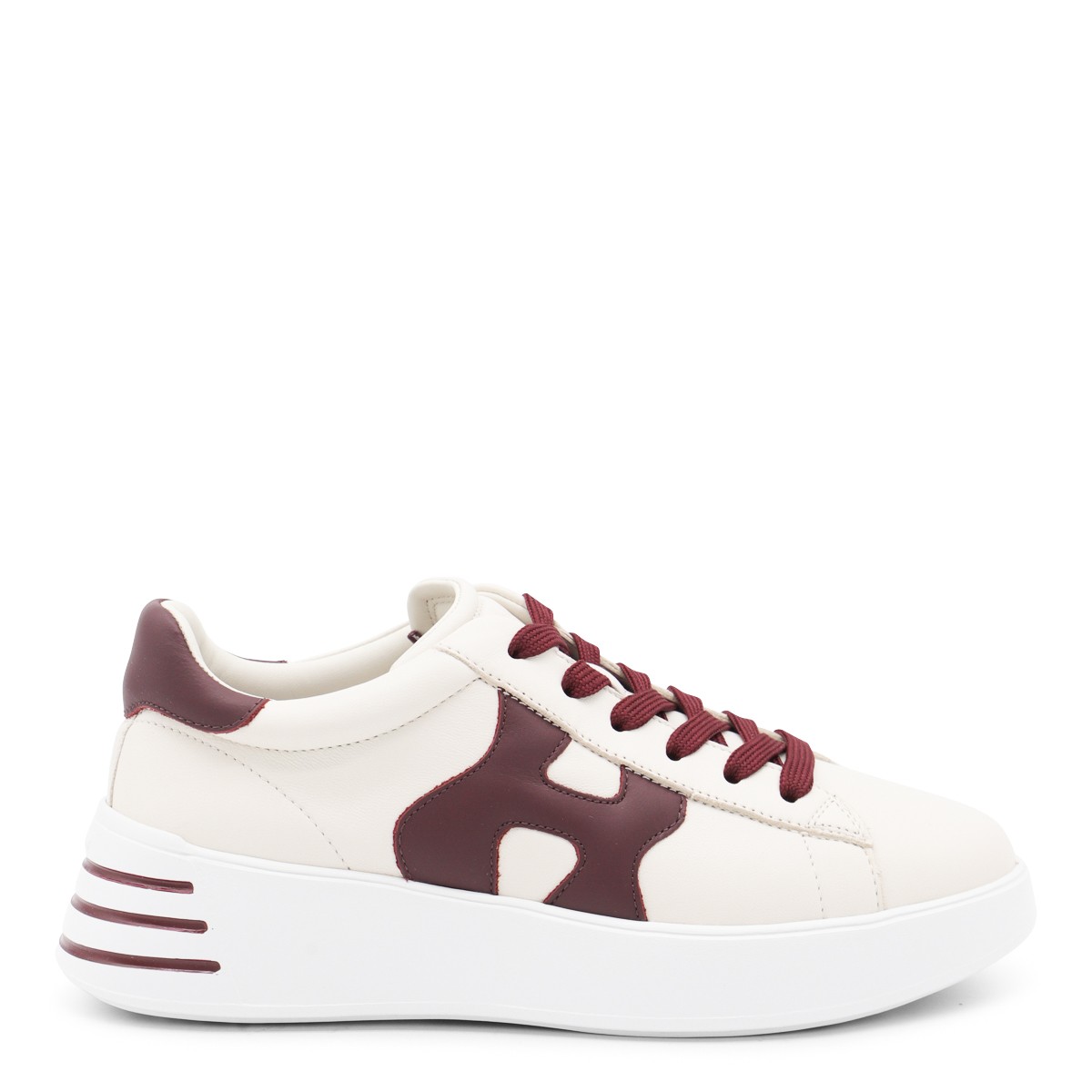 WHITE AND BURGUNDY LEATHER SNEAKERS