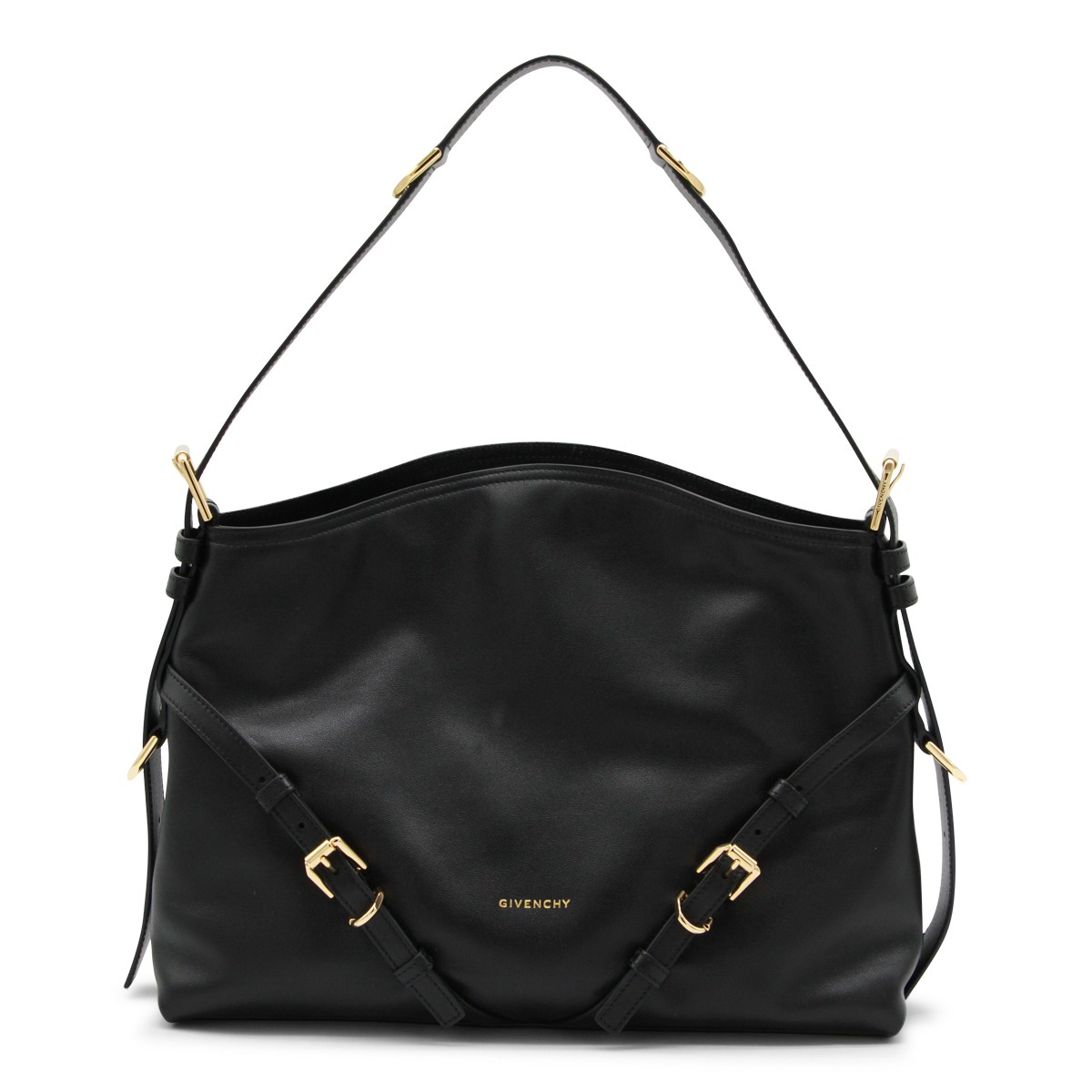 BLACK LEATHER VOYOU MEDIUM SHOULDER BAG