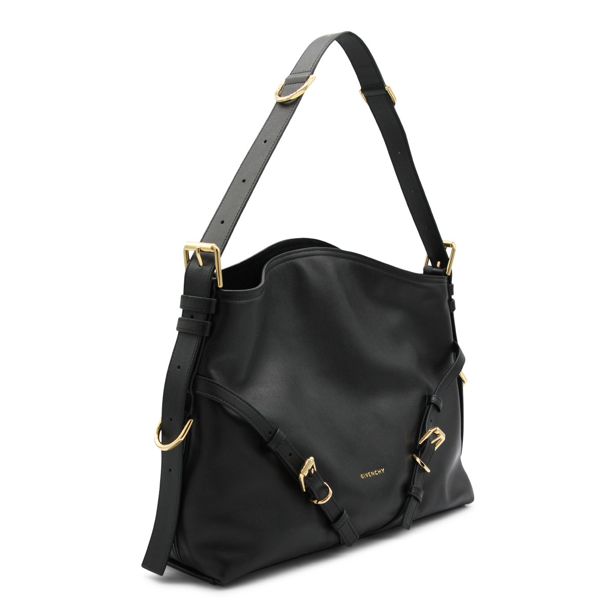 BLACK LEATHER VOYOU MEDIUM SHOULDER BAG