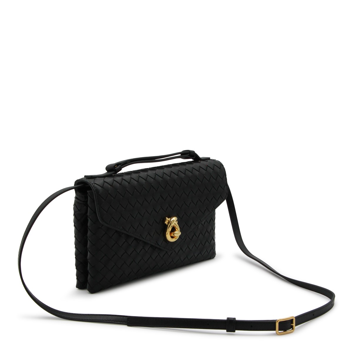 BLACK LEATHER KNOT LOCK TOP HANDLE BAG