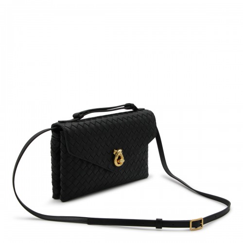 BLACK LEATHER KNOT LOCK TOP HANDLE BAG