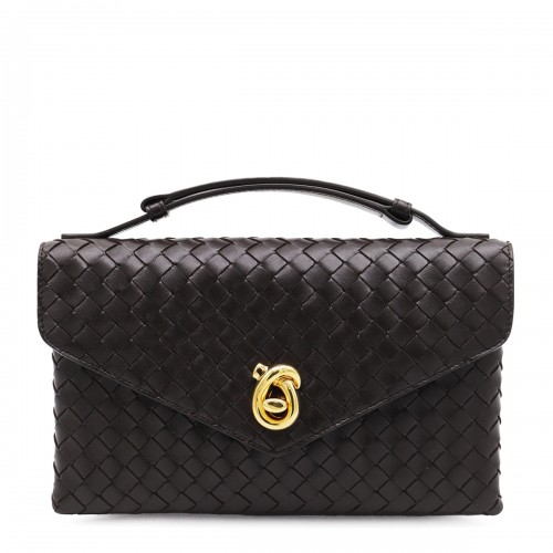 DARK BROWN LEATHER KNOT LOCK TOP HANDLE BAG