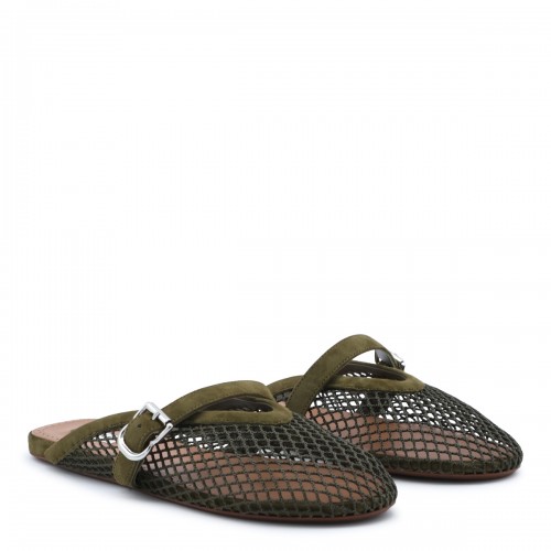 VERT CAMOUFLAGE LEATHER FISHNET MULES FLATS