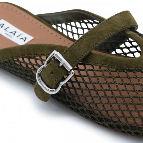 VERT CAMOUFLAGE LEATHER FISHNET MULES FLATS