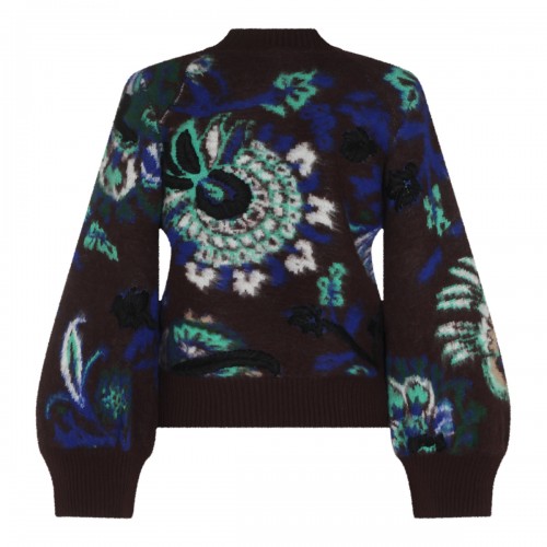 BROWN WOOL FLORAL JACQUARD SWEATER