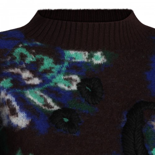 BROWN WOOL FLORAL JACQUARD SWEATER