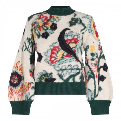 IVORY WOOL FLORAL JACQUARD SWEATER