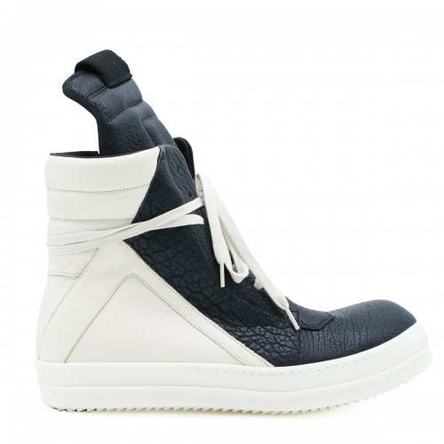 BLACK AND WHITE LEATHER GEOBASKET SNEAKERS