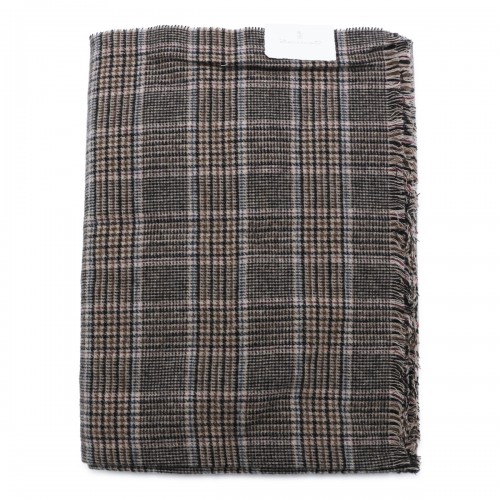 BROWN AND BLUE CASHMERE CHECK SCARF