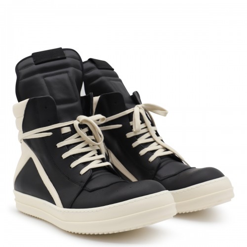 BLACK AND WHITE LEATHER GEOBASKET SNEAKERS