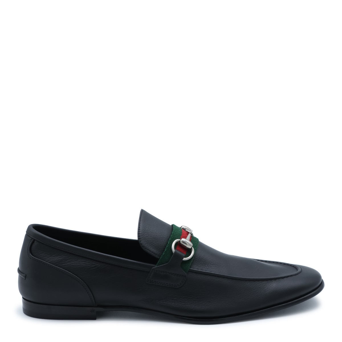 BLACK LEATHER WEB RIBBON LOAFERS