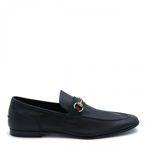 BLACK LEATHER WEB RIBBON LOAFERS