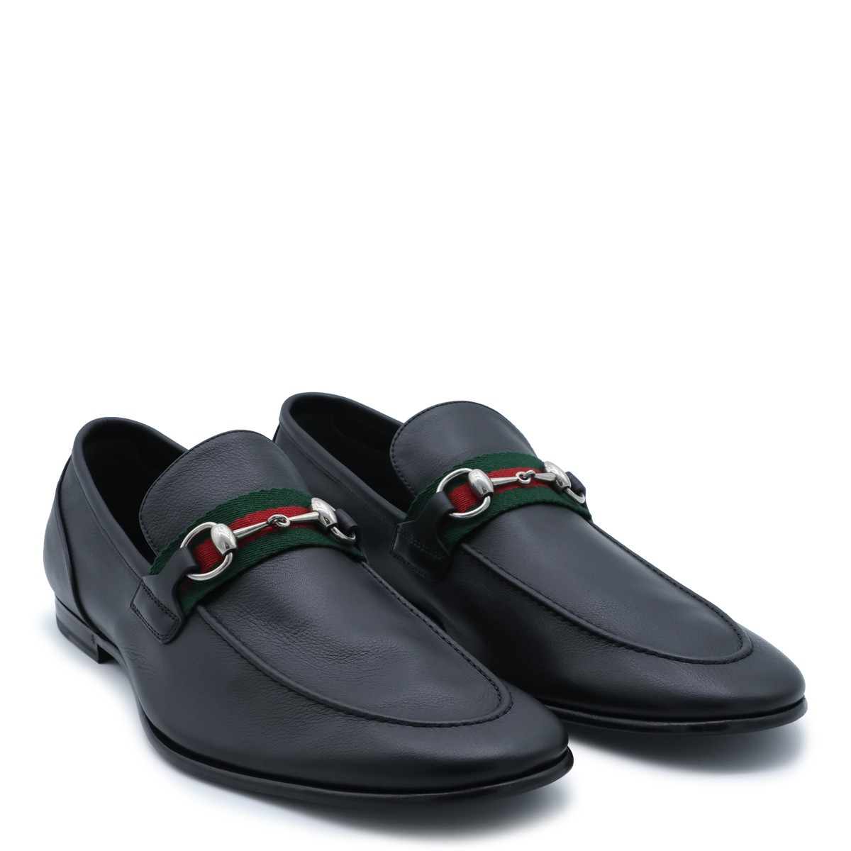 BLACK LEATHER WEB RIBBON LOAFERS