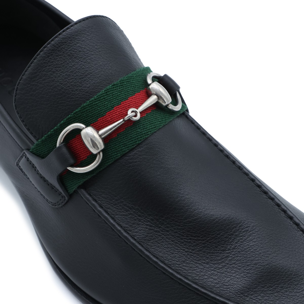 BLACK LEATHER WEB RIBBON LOAFERS