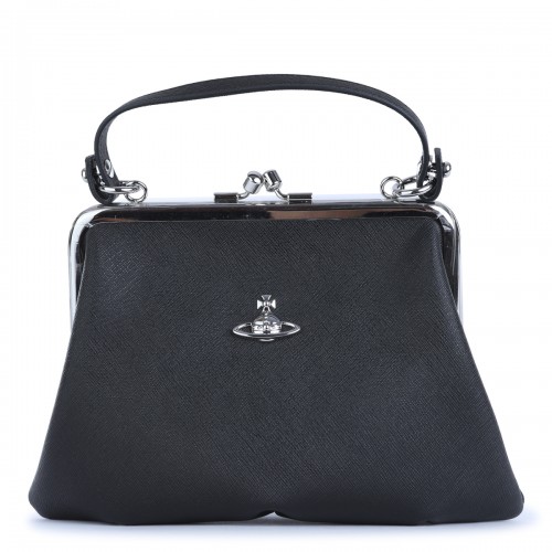 BLACK LEATHER GRANNY FRAME TOP HANDLE BAG