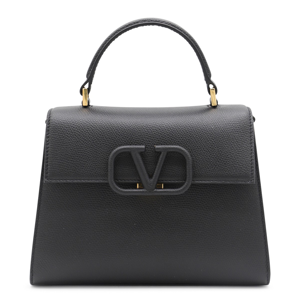 BLACK LEATHER VLOGO TOP HANDLE BAG