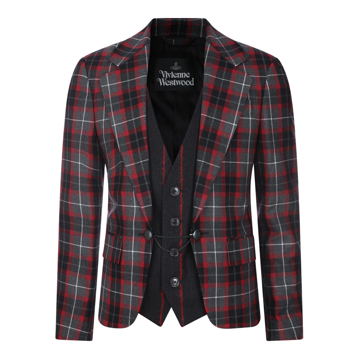CHARCOAL AND RED VIRGIN WOOL BLAZER