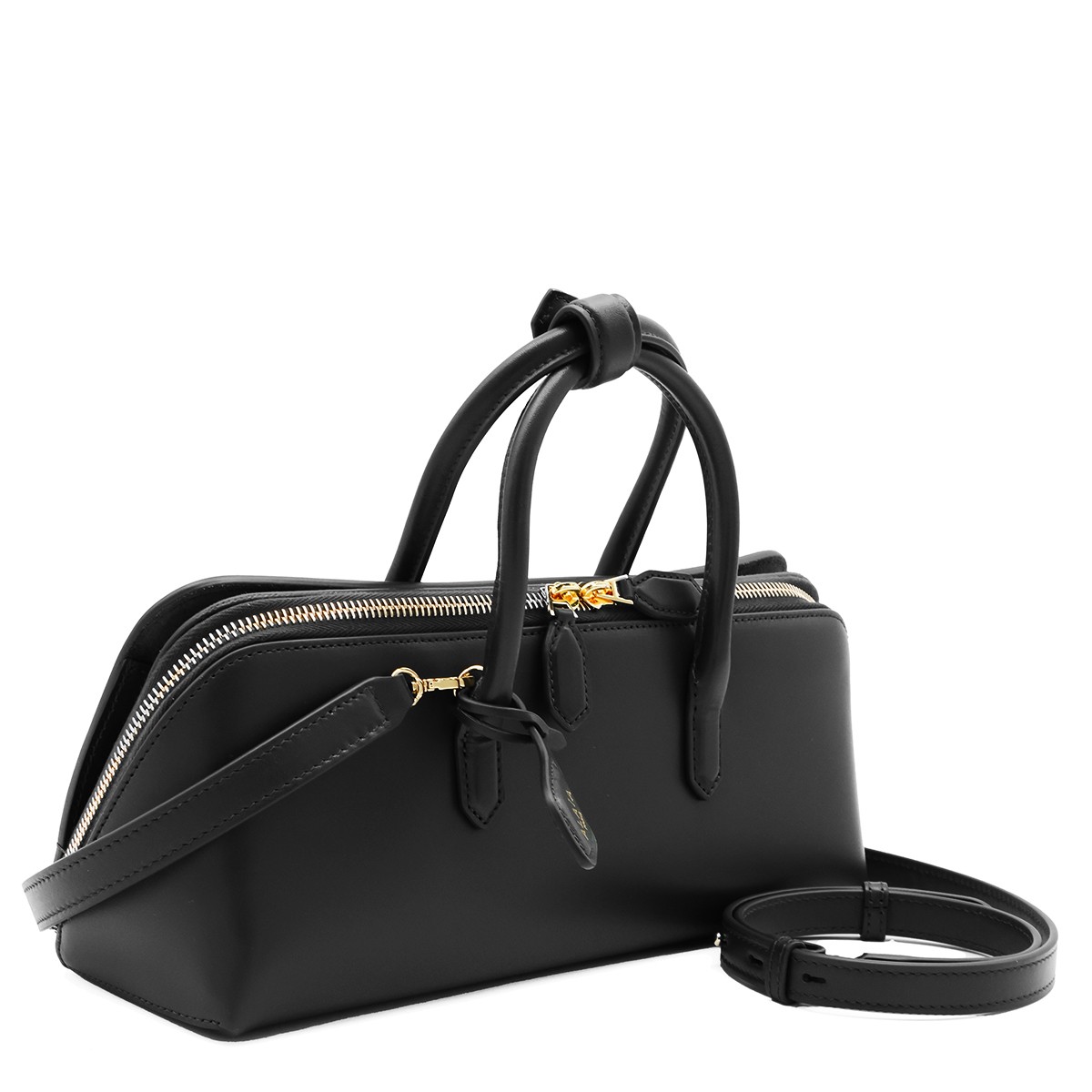 BLACK LEATHER DELTA SMALL TOP HANDLE BAG