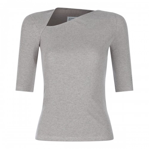 TAUPE COTTON AND VIRGIN WOOL BLEND STRETCH TOP