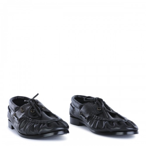 BLACK LEATHER BATEAU LOAFERS 2