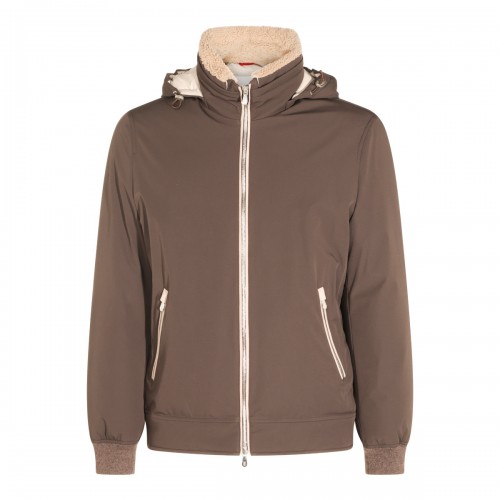 DARK BROWN STRETCH NYLON DOWN JACKET