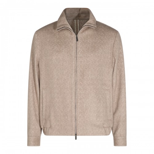 BEIGE CASHMERE AND COTTON BLEND ZIPPED JACKET