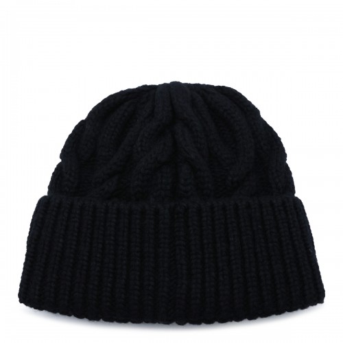 BLACK VIRGIN WOOL KNITTED BEANIE HAT