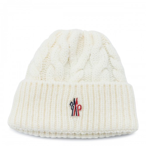WHITE VIRGIN WOOL KNITTED BEANIE HAT