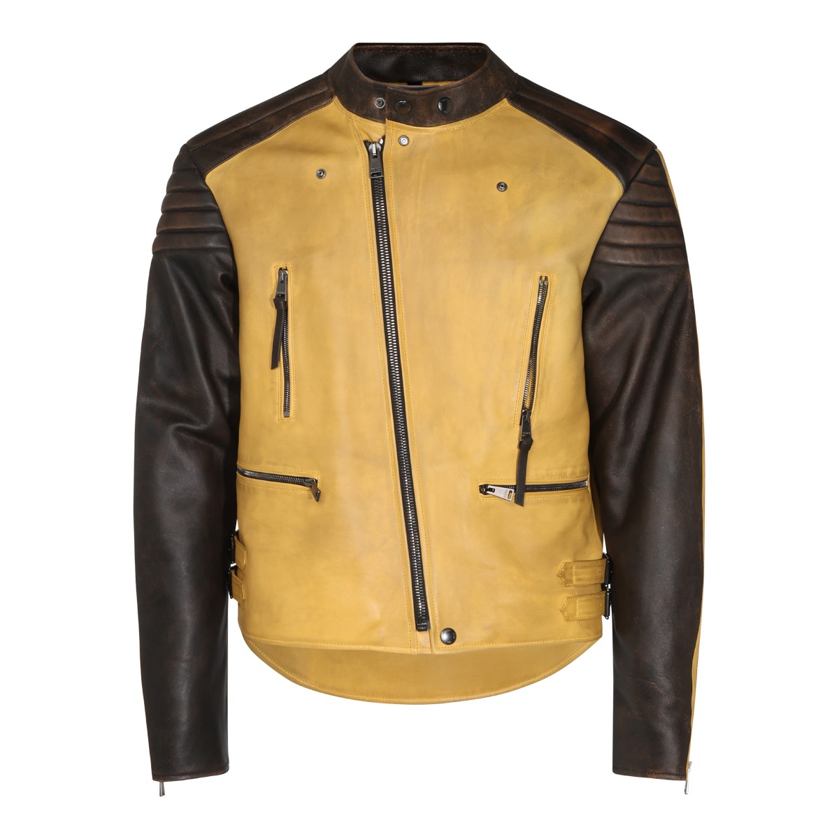 BROWN AND YELLOW LEATHER BIKER JACKET