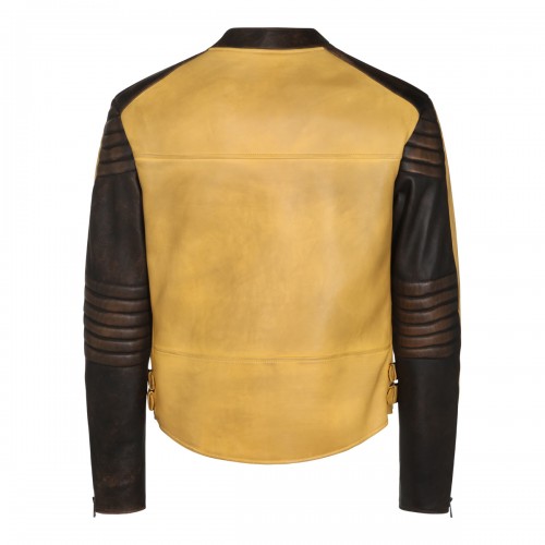 BROWN AND YELLOW LEATHER BIKER JACKET