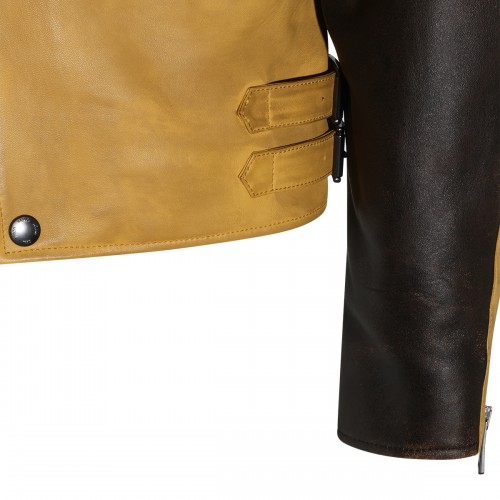 BROWN AND YELLOW LEATHER BIKER JACKET