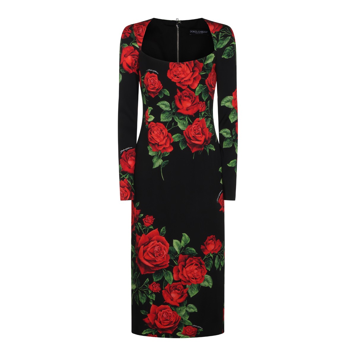 BLACK SILK ROSE PRINT MIDI DRESS