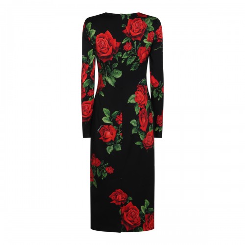 BLACK SILK ROSE PRINT MIDI DRESS