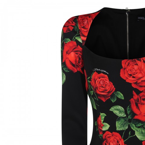 BLACK SILK ROSE PRINT MIDI DRESS