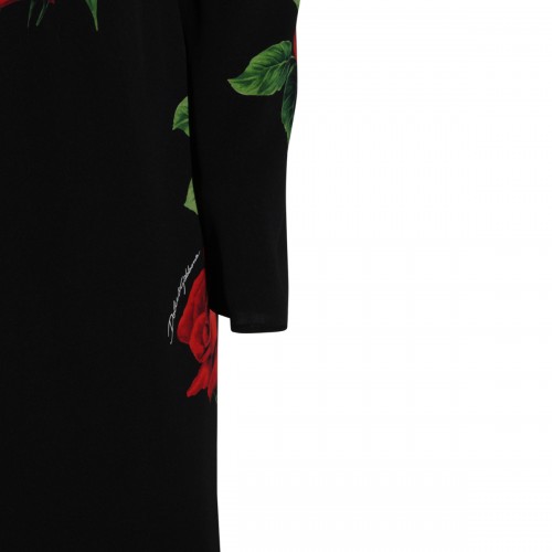 BLACK SILK ROSE PRINT MIDI DRESS
