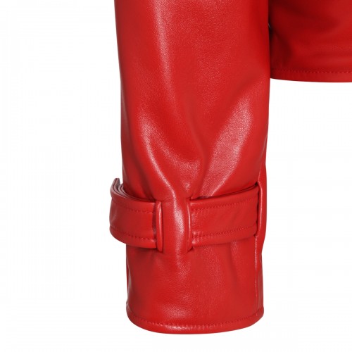 RED LEATHER ROUND BOMBER JACKET