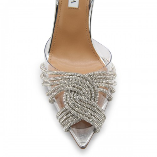 CLEAR AND SILVER-TONE LEATHER GATSBY SLING PUMPS