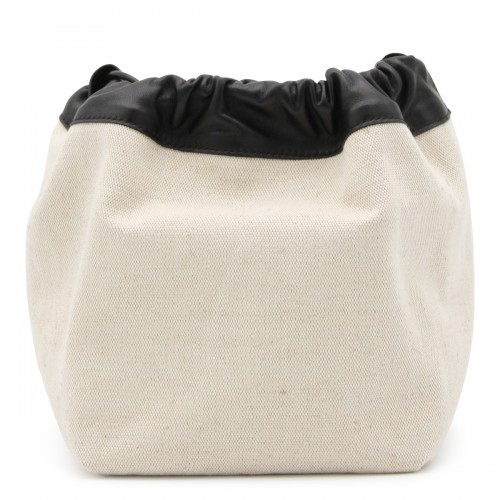 IVORY CANVAS AND BLACK LEATHER BUCKET BAG