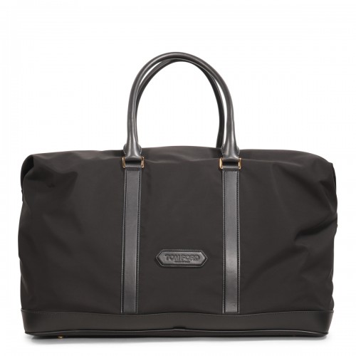 BLACK LEATHER AND NYLON LOGO PATCH DUFFEL BAG