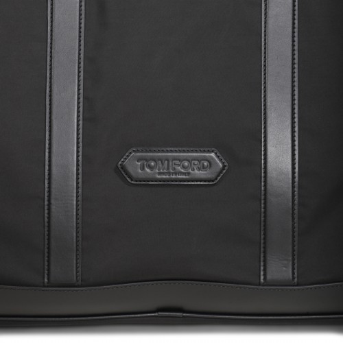 BLACK LEATHER AND NYLON LOGO PATCH DUFFEL BAG