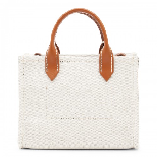 BEIGE CANVAS AND BROWN LEATHER HANDLE BAG