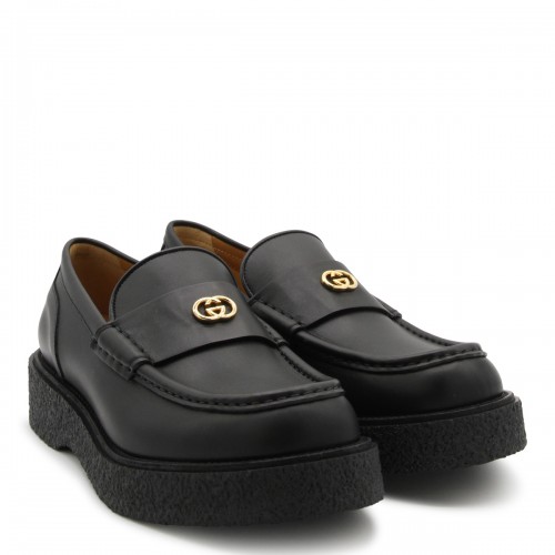 BLACK LEATHER LOGO PLAQUE LOAFERS