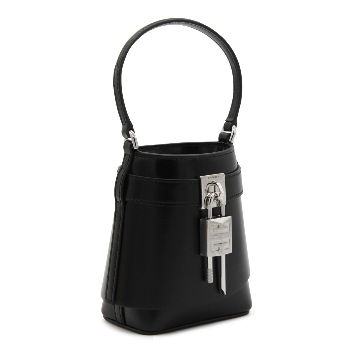 BLACK LEATHER MICRO SHARK LOCK BUCKET BAG