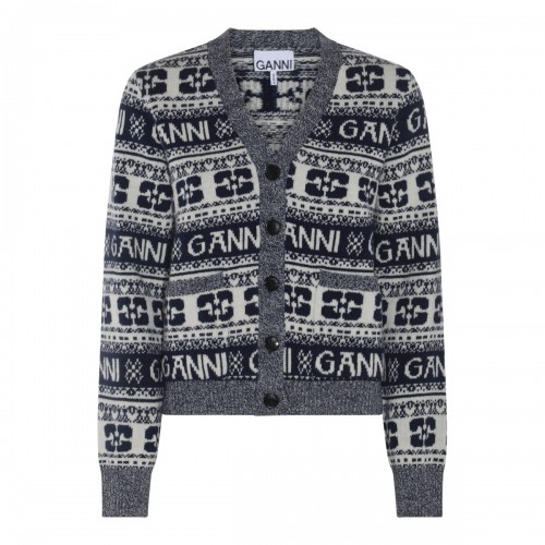 NAVY BLUE AND WHITE WOOL BLEND CARDIGAN