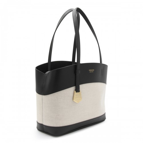 BLACK LEATHER AND BEIGE CANVAS TOTE BAG